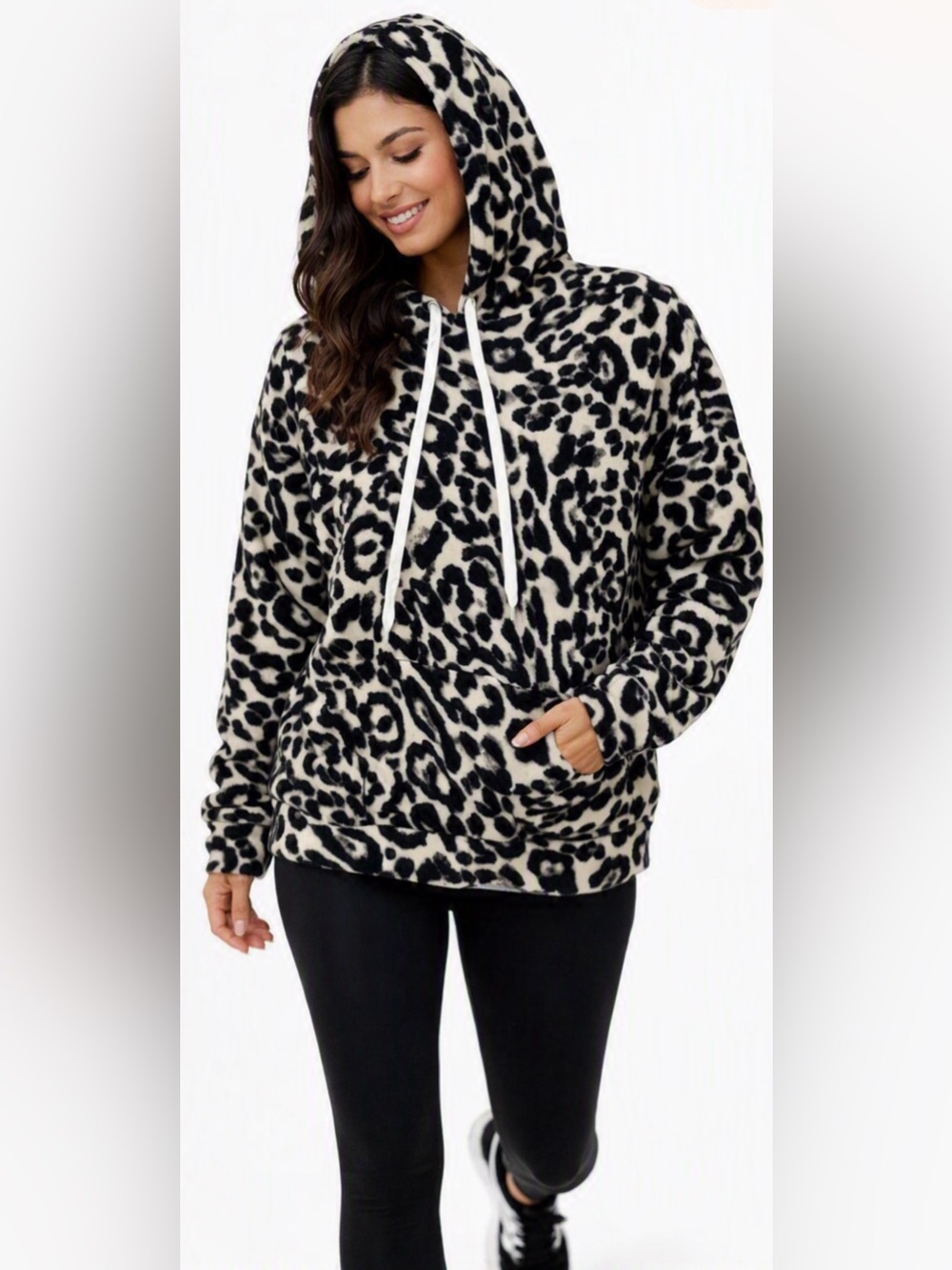 White Birch Women’s Lightweight Knit Pullover Hoodie in Leopard Print Sz S